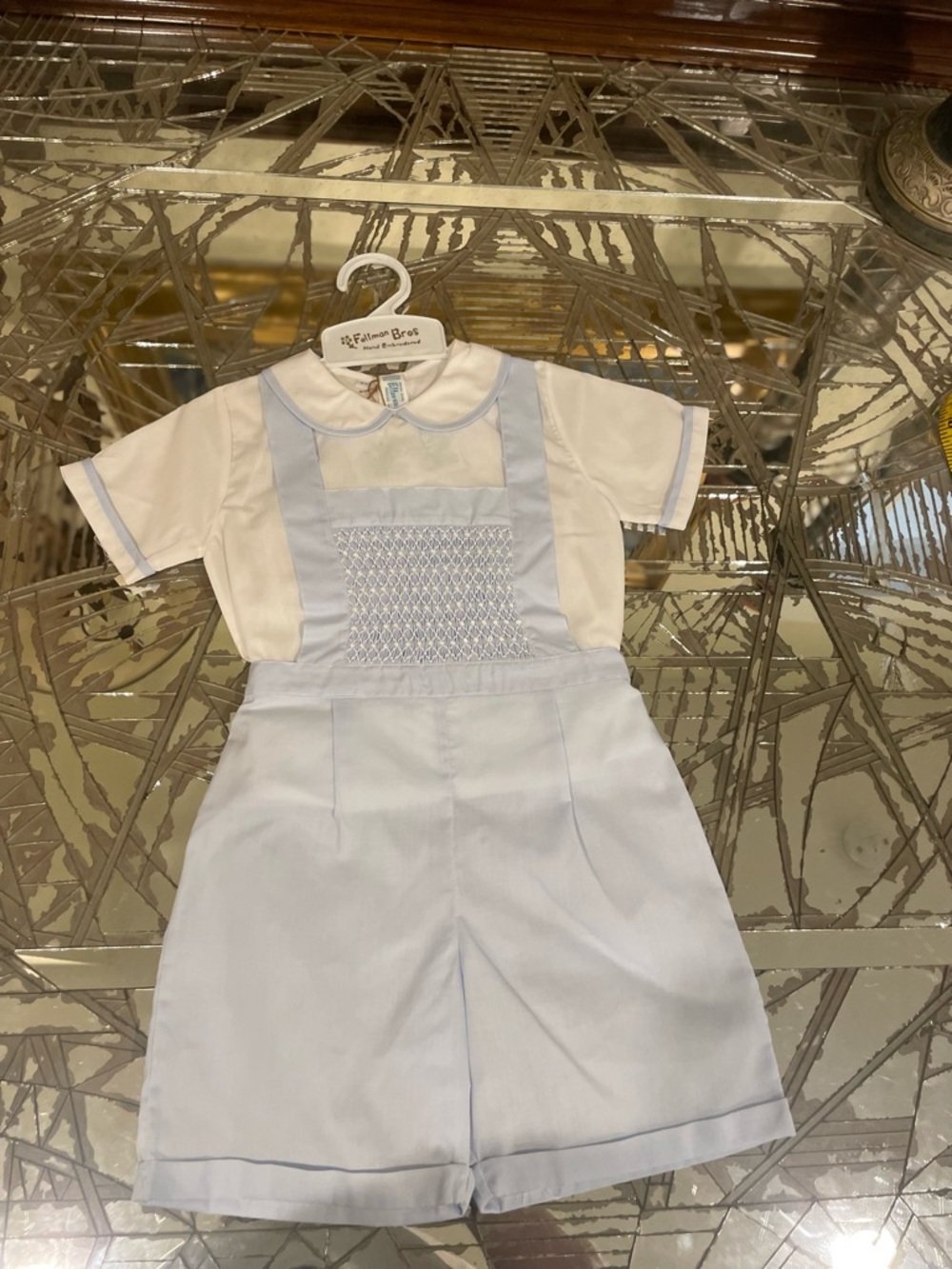 Feltman Bros. Hand-Embroidered White & Light Blue Smocked Boys Shorts